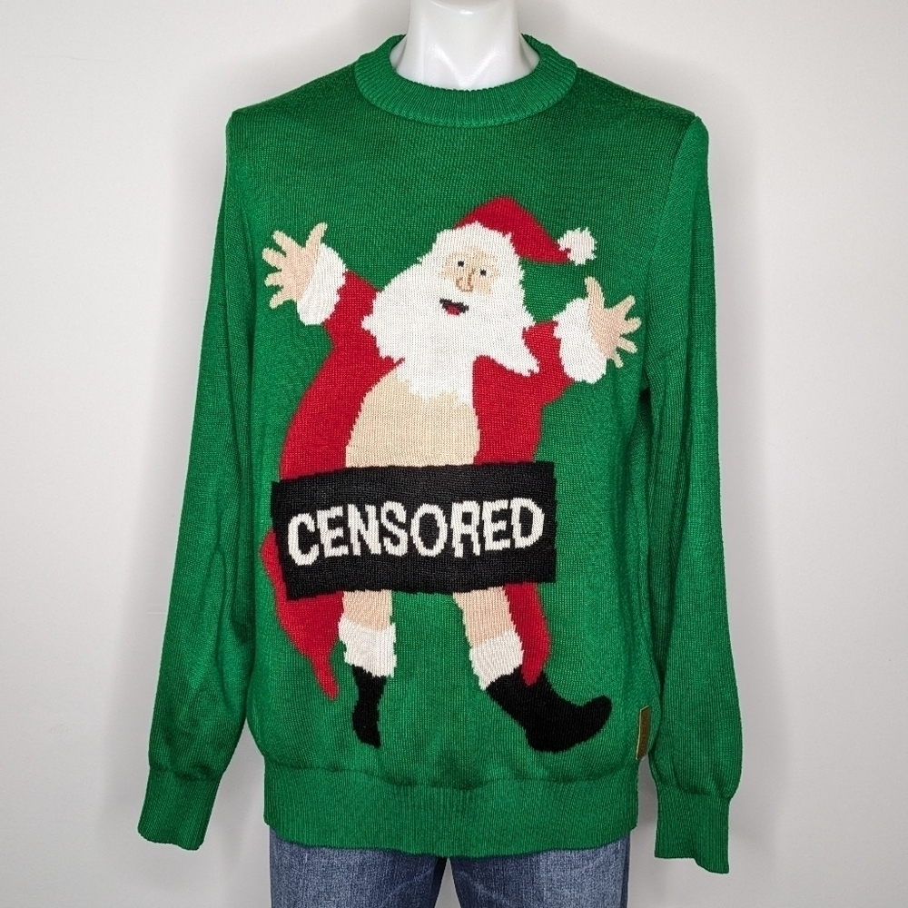 Tipsy Elves green censored Santa Claus holiday Christmas sweater XL